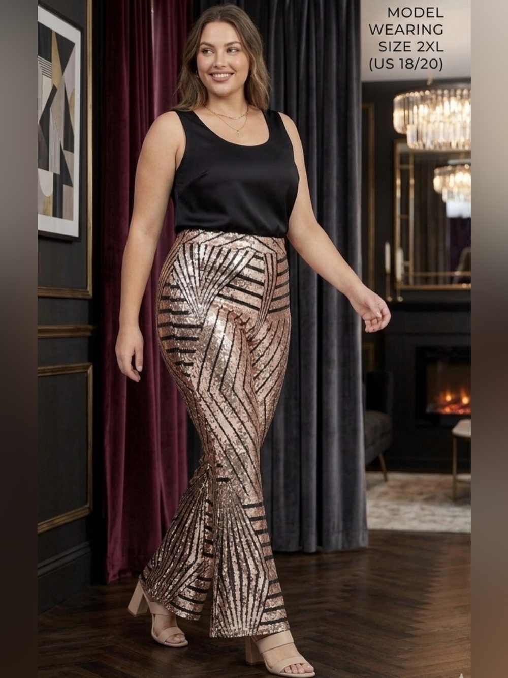 Gold Sequin Flare Pants High Waist Geometric Bell Bottoms 2XL Glam